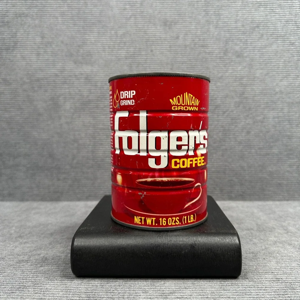 Vintage Folgers Coffee Tin 1 lb Mountain Grown Red Metal Canister Drip Grind